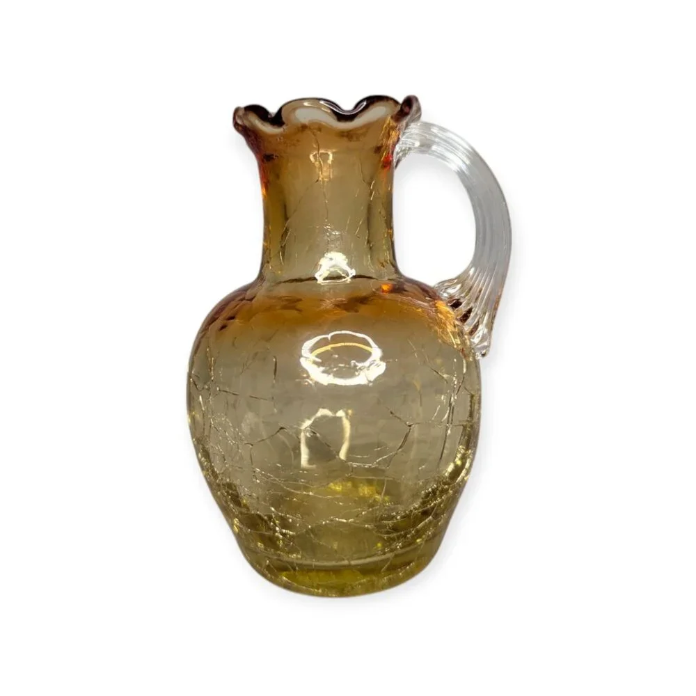 Pilgrim Honey Amber Crackle Glass Vase w/Applied Handle Ruffled Rim 4